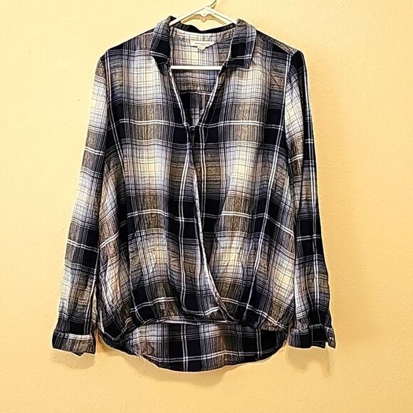 beach lunch lounge wrap front draped crossover flannel plaid Top. Size Large - Picture 1 of 9